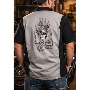 Harley Davidson Mens Garage Mechanic Button Up Shirt Size XL Skull Flame Biker